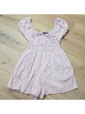 Purple Floral Puff Sleeve Romper Shirred Waist S Y2K Coquette Soft Girl